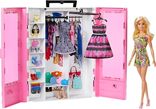 Barbie Fashionistas Armadio da Sogno - Armadio Trasportabile con Bambola - 3 Abiti - 2 Scarpe - 2 Borse - 2 Collane - Regalo per Bambini 3-8 Anni