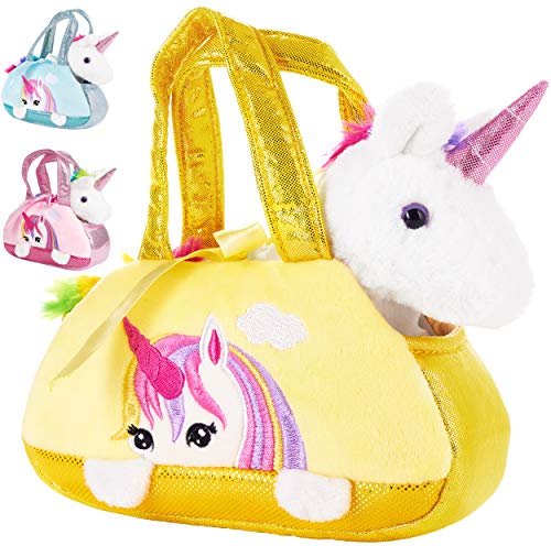 Brubaker Peluche Arcobaleno Unicorno in Borsetta - 20 cm - Peluche in Borsa - Giallo