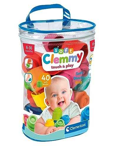 Clementoni-Soft Sacca 40 Set Costruzioni Prima Infanzia, Mattoncini Morbidi Clemmy, Blocchi Bambini 6 Mesi, Gioco Sensoriale, Impilabili, 100% Lavabili, Made in Italy, Colore Multilingua, 17878