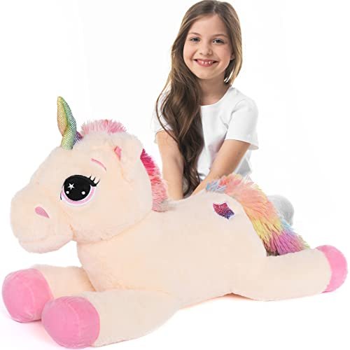 MorisMos Peluche Unicorno Gigante 80cm, Animali di Peluche Unicorno Beige Di Grandi, Pupazzo Giocattoli Unicorno Giganti Morbidi per Bambini Ragazze Amici Compleanno Natale Regali