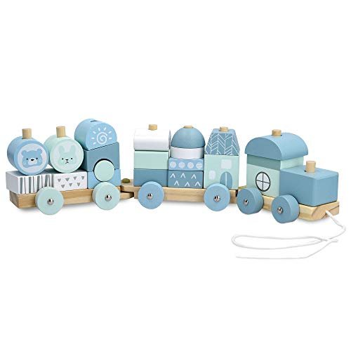 Navaris Trenino in Legno Trainabile - Locomotiva e Vagoni a Ruote Trainabili con Spago - Treno Giocattolo 20pz - Decorazione Cameretta Bambini - Blu