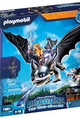 PLAYMOBIL DreamWorks Dragons 71081 Dragons: The Nine Realms - Thunder & Tom, Personaggio di Dragons e Drago Giocattolo con Funzione di Tiro e Modulo Luminoso, Giocattolo per Bambini dai 4 Anni in su