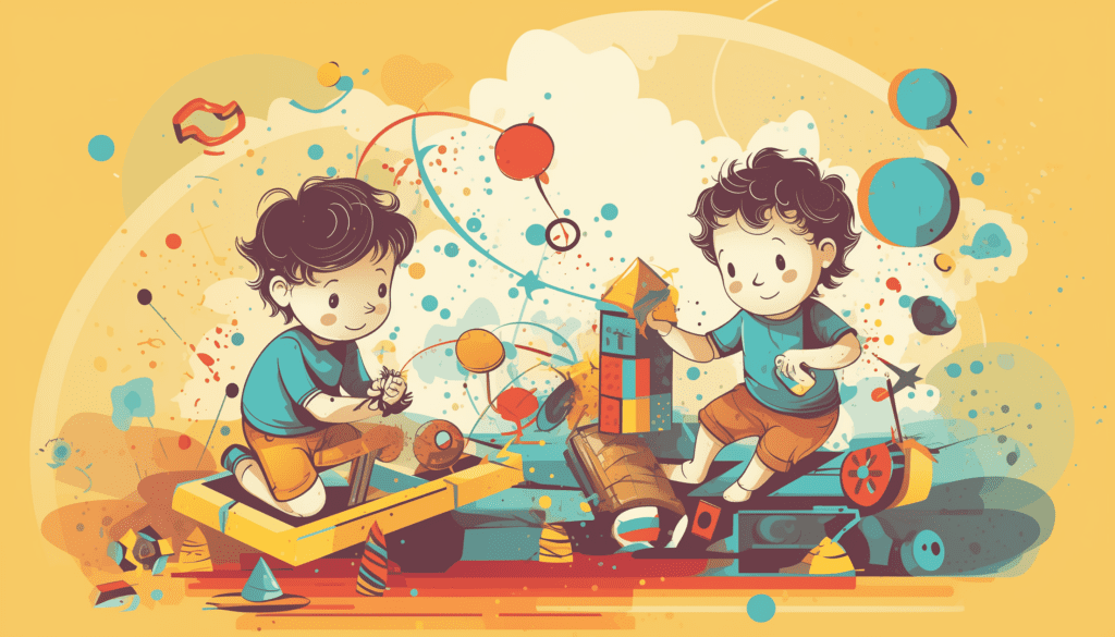 Giochi per bambini illustrazione di due bambini che giocano con giocattoli montessori e giochi di società