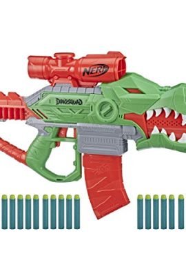 Hasbro Nerf DinoSquad Rex-Rampage, Blaster motorizzato con caricatore da 10 dardi, 20 dardi Nerf, supporto per 10 dardi e design a forma di T-Rex, Multicolore