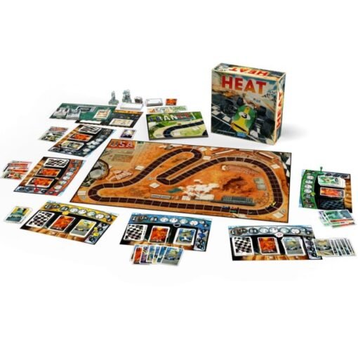 Heat Pedal to the Metal immagine del tabellone, dei componenti e della scatola del gioco da tavolo di corse automobilistiche