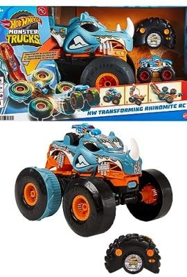 Hot Wheels Monster Trucks - Rhinomite Trasformabile Radiocomandato in scala 1:12, si trasforma in un lanciatore, con truck Race Ace in scala 1:64 incluso, giocattolo per bambini, 5+ anni, HPK27