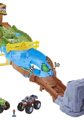 ​Hot Wheels Torneo dei Titani Playset con Monster Truck Bigfoot e Gunkster per sfide a testa a testa, passa sul ponte innesca "l'esplosione", Giocattolo per Bambini 4+ Anni, HGV12
