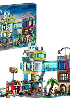 LEGO 60380 City Downtown, Modular Building Set, Casa Giocattolo con Stanze Combinabili, Negozio di Giocattoli, Barbiere, Studio Blogging, Hotel, Discoteca sul Tetto e 14 Minifigure