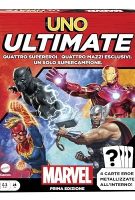 Mattel Games - UNO Ultimate Marvel - L'iconico gioco con 4 carte laminate da collezione e supereroi Marvel tra cui Black Panther, Captain Marvel, Iron Man e Thor, giocattolo per bambini,7+ anni,HWX08