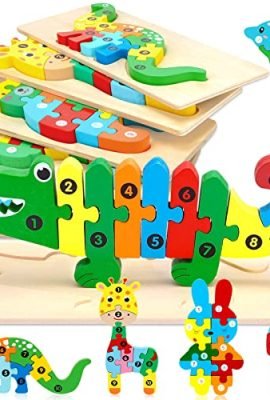 MOOING Puzzle in Legno per Bambini, 6 Pezzi Animali Giochi Montessori Bambini, 3D Legno Giocattoli Bambini, Giocattoli Animali da Puzzle 1 2 3 4 Anni, Puzzle Legno Giocattoli Educativi per le Abilità