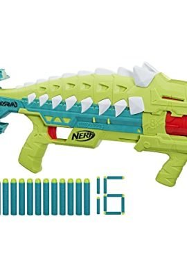Nerf, blaster DinoSquad Armorstrike, tamburo rotante da 8 dardi, impugnatura sganciabile, 16 dardi Nerf Elite, design da anchilosauro