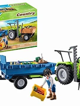 Playmobil Country 71249 Trattore con rimorchio, incl. cassete per il trasporto, trattore verde per la fattoria biologica, giocattolo sostenibile per bambini dai 4 anni in su