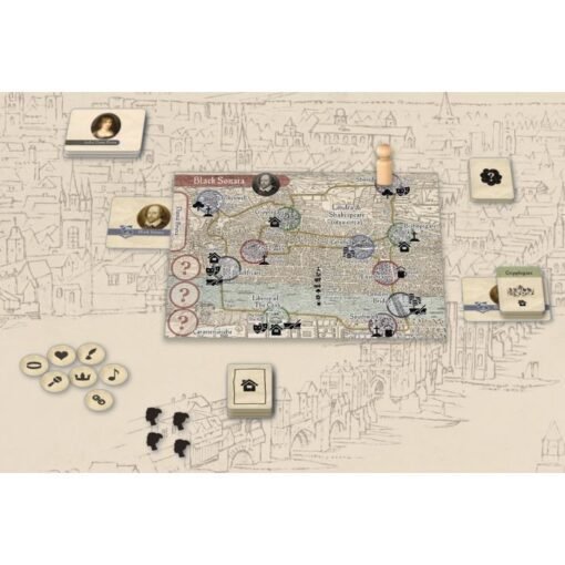 Black Sonata immagine della plancia di gioco con mappa di Londra ai tempi di Shakespeare e segnalini traccia e deduzione e pedina di gioco