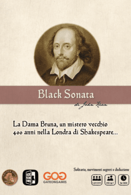 Black Sonata immagine della copertina del gioco da tavolo solitario con ritratto di William Shakespeare