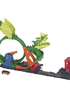 Hot Wheels-Dragone di Fuoco con 1 Veicolo Die-Cast Incluso e Stazione dei Pompieri, Giocattolo per Bambini 5+ Anni, HDP03