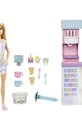 Barbie - Playset Gelateria con Bambola con Macchina per Gelato, Accessori, 2 Tipi di Pasta Modellabile, Giocattolo e Regalo per Bambini 4+ Anni, HCN46