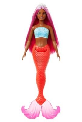 Barbie - Sirena, bambola capelli e cerchietto fantasia magenta, silhouette curvy con corpetto ispirato alle conchiglie e coda rossa tropicale, giocattolo per bambini, 3+ anni, HRR04