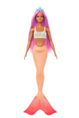 Barbie - Sirena, bambola capelli e cerchietto fantasia rosa, con corpetto ispirato alle stelle marine e morbida coda arancione, giocattolo per bambini, 3+ anni, HRR05