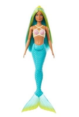 Barbie - Sirena, bambola con capelli fantasia bicolore blue e gialli e cerchietto incluso, con corpetto ispirato alle conchiglie e coda turchese, giocattolo per bambini, 3+ anni, HRR03