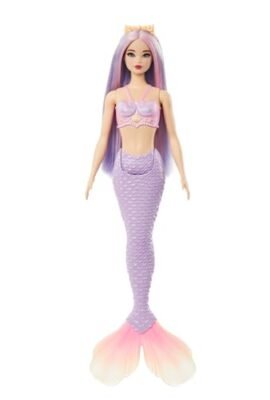 Barbie - Sirena, bambola con capelli rosa e lilla e cerchietto fantasia, corpetto ispirato alle conchiglie e coda color lavanda, giocattolo per bambini, 3+ anni, HRR06