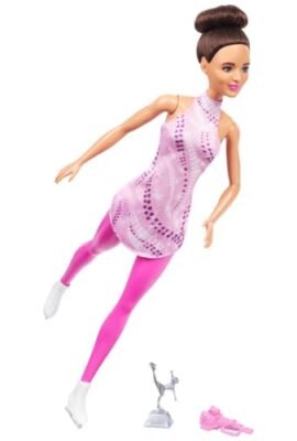 Barbie Carriere - Pattinatrice, Bambola castana con Outfit Rosa da Pattinaggio, Pattini da Ghiaccio Rimovibili, Trofeo e Accessori Inclusi, Giocattolo per Bambini, 3+ Anni, HRG37