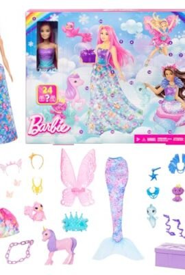 Barbie - Calendario dell'Avvento Dreamtopia, bambola Barbie dai capelli rosa e 24 accessori a sorpresa inclusi tra cui un unicorno e 3 cuccioli, giocattolo per bambini, 3+ anni, HRG90